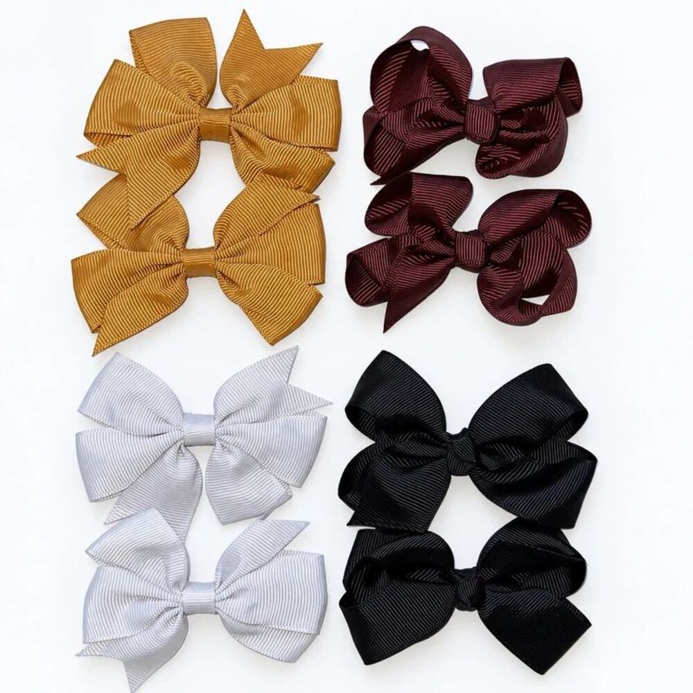 Girls Hair Bow Clips 8 Pc Lot 4 Matching Pairs Mustard Brown White Black